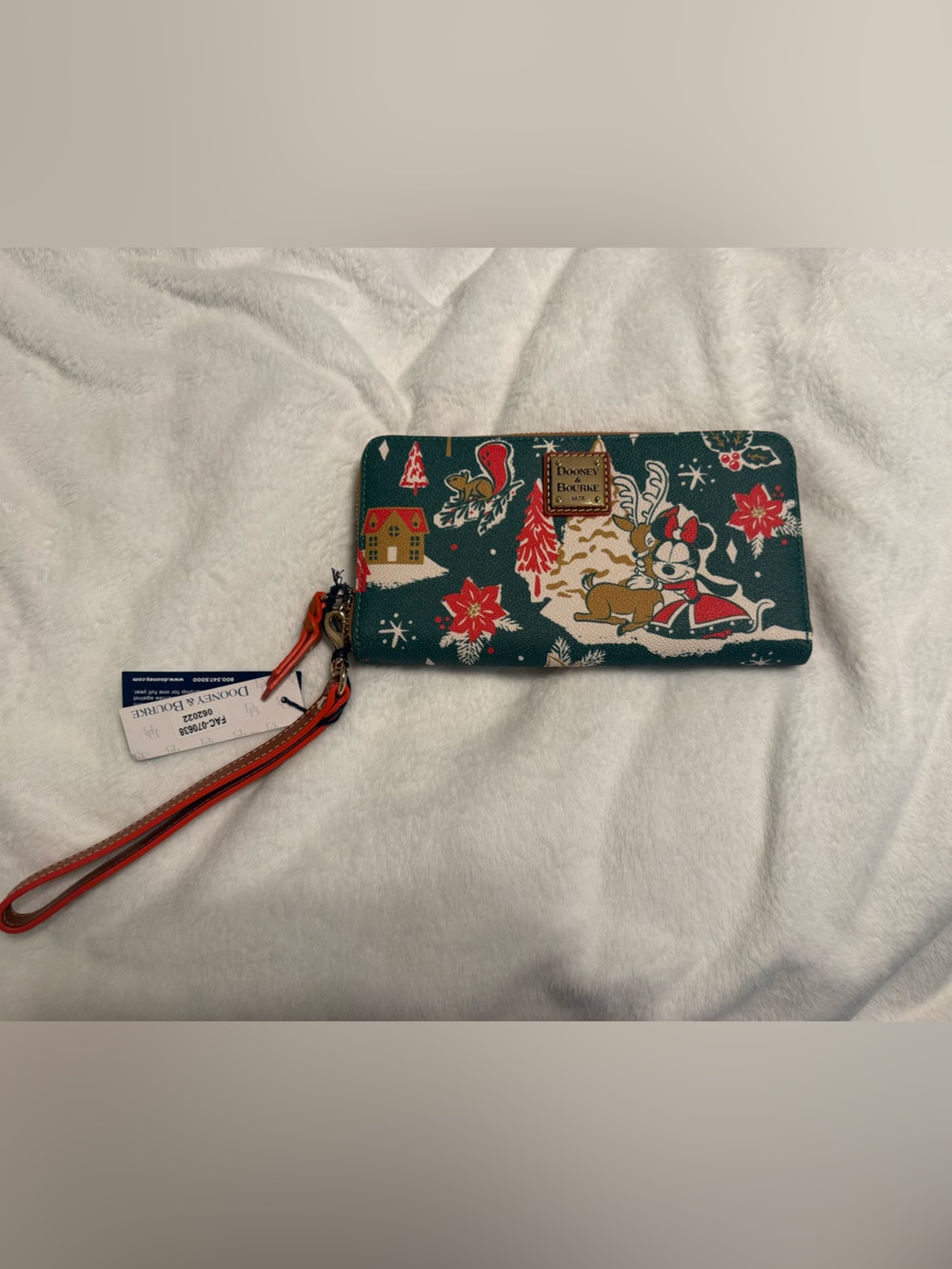 Dooney & Bourke Green Holiday Minnie Wristlet with Red Strap
